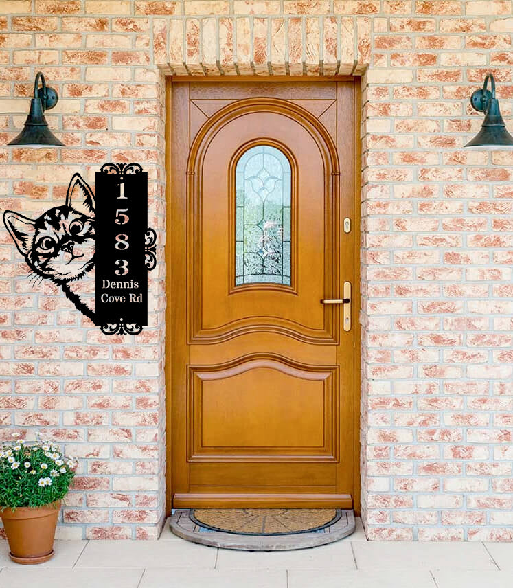 Custom Peeping Cat Door Address Metal Sign