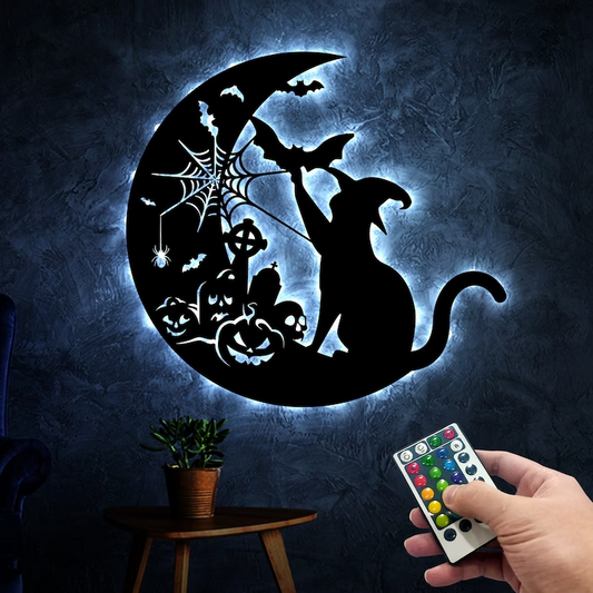 Witch Cat On The Moon Metal Wall Art With Led Lights