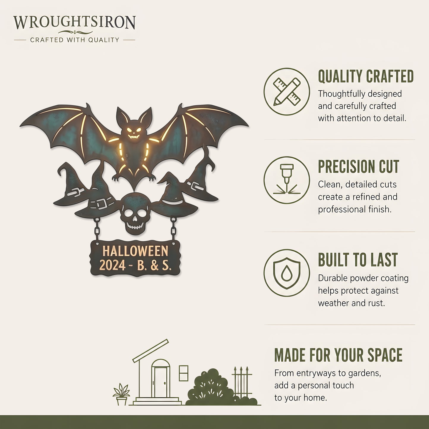 Personalized Halloween Bat & Skull Garden Sign product details