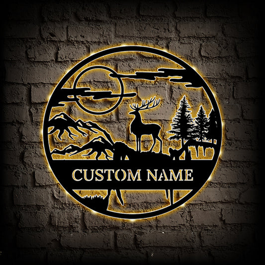 Custom Name Deer Metal Wall Art With LED Lights