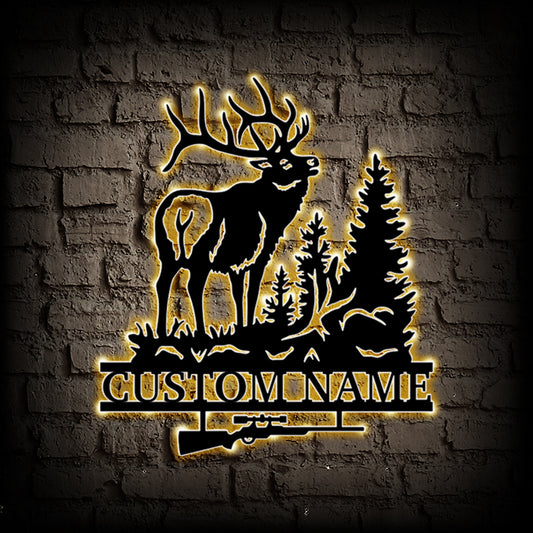 Custom Name Deer And Tree Metal Wall Art With LED Lights