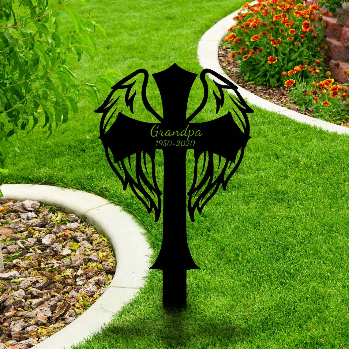 Custom Memorial Cross With Wings Metal Stake