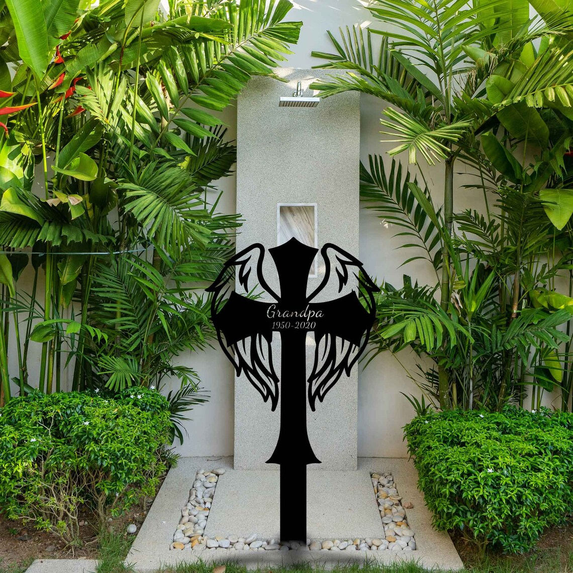 Custom Memorial Cross With Wings Metal Stake