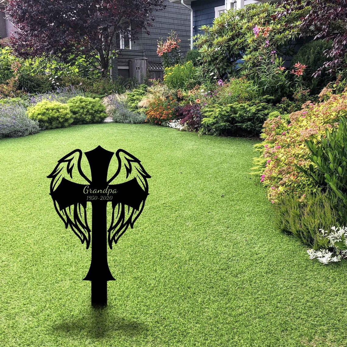 Custom Memorial Cross With Wings Metal Stake