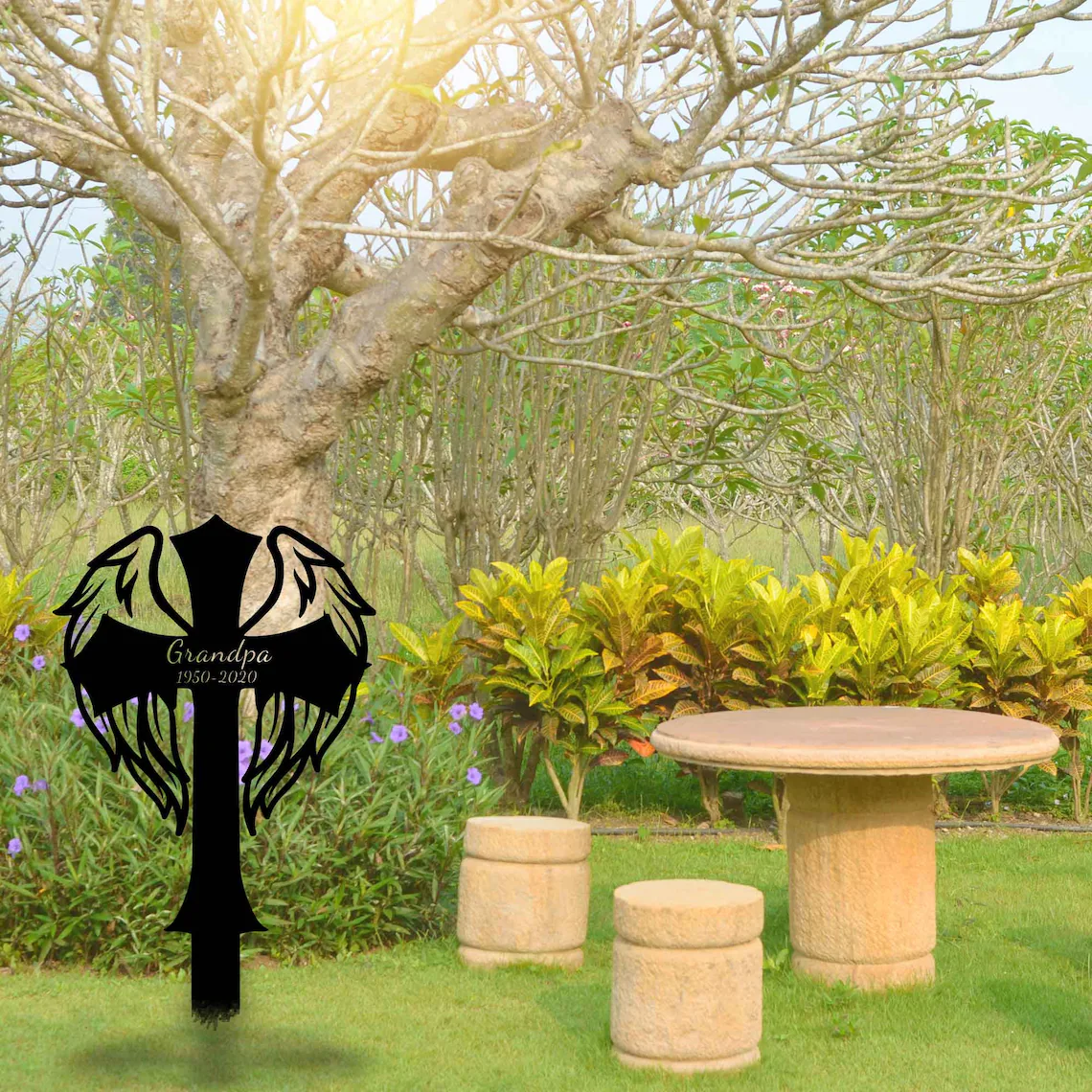 Custom Memorial Cross With Wings Metal Stake