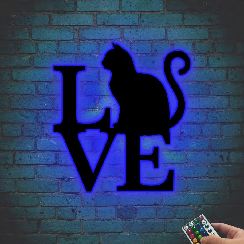 Cat Love Metal Sign with Led Lights