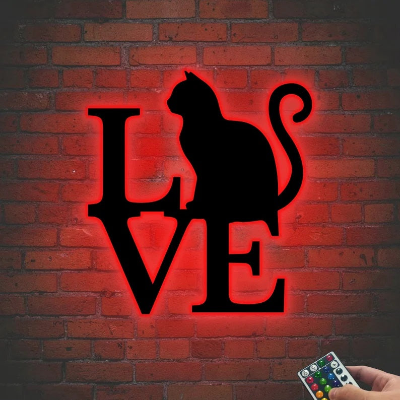 Cat Love Metal Sign with Led Lights
