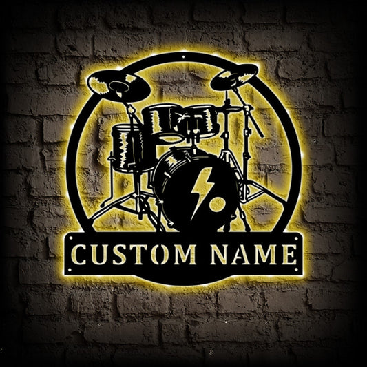 Custom Drum Kit Metal Wall Art With LED Lights