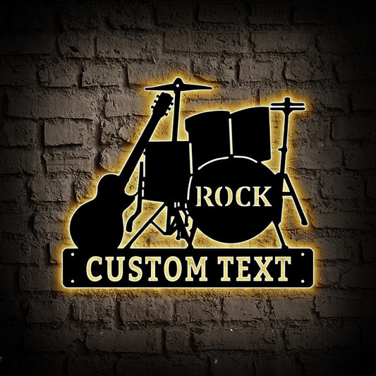 Custom Guitar And Drums Metal Wall Art With Led Lights