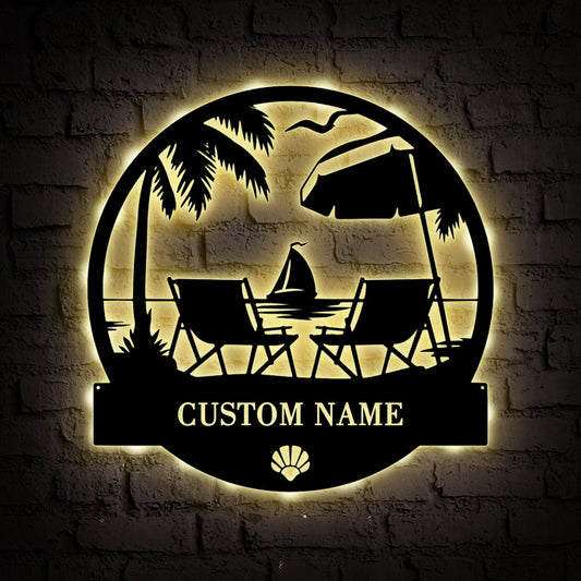 Custom Name Seaside Metal Wall Art With LED Lights