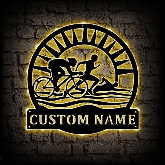 Personalized Triathlon Metal Wall Art With LED Lights