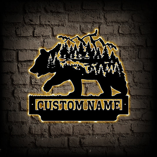 Personalized Mountain Bear Metal Wall Art With LED Lights