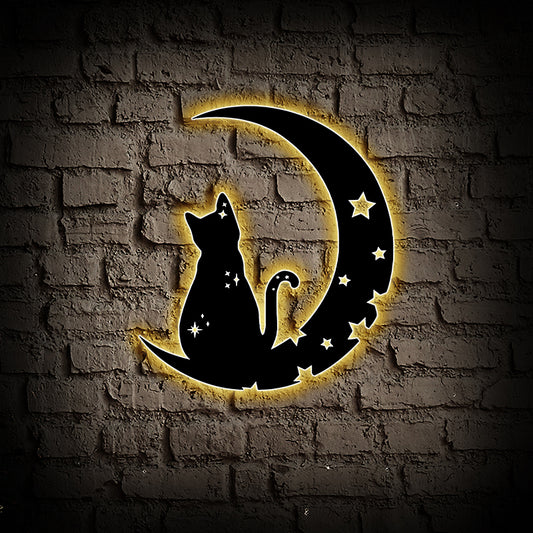 Black Cat On The Moon Metal Sign With Led Lights