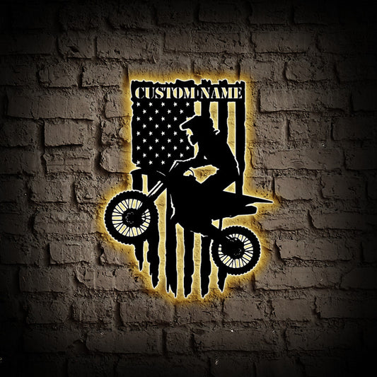 Custom Motorcycle American Flag Metal Wall Art With Led Lights