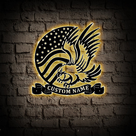 Custom American Eagle Flag Metal Wall Art With Led Lights
