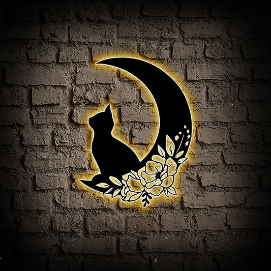 Moon Cat Metal Wall Art With Led Lights