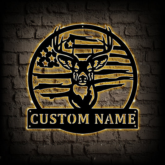 Personalized American Deer Hunting Metal Wall Art With LED Lights