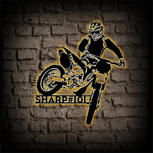 Personalized Motocross Rider Metal Wall Art With LED Lights