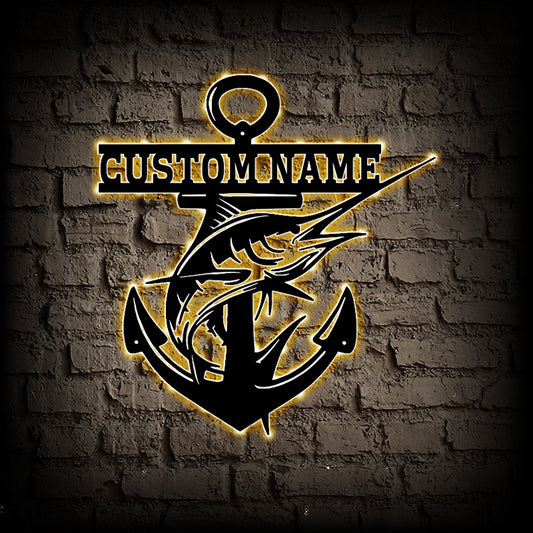 Personalized Swordfish and Anchor Metal Wall Art With LED Lights