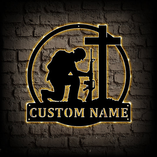 Personalized kneeling American soldier Metal Wall Art With LED Lights