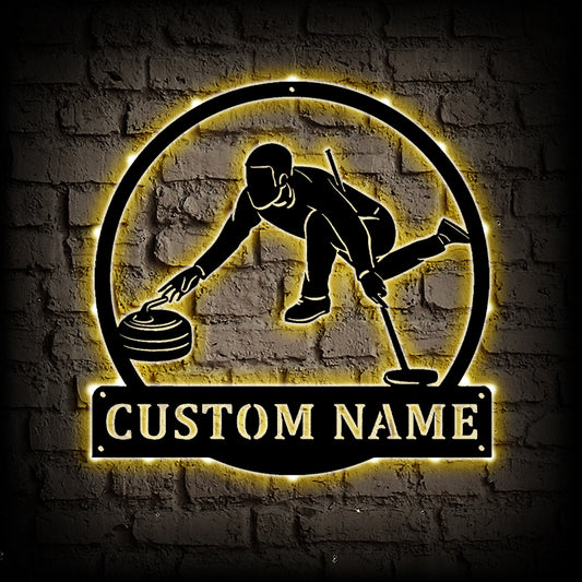 Personalized Curling Sport Monogram Metal Art With LED Lights