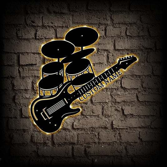 Personalized Guitar And Drum Metal Wall Art With Led Lights