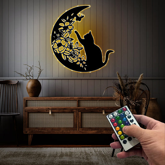 Floral Moon and Cat Metal Wall Art With Led Lights