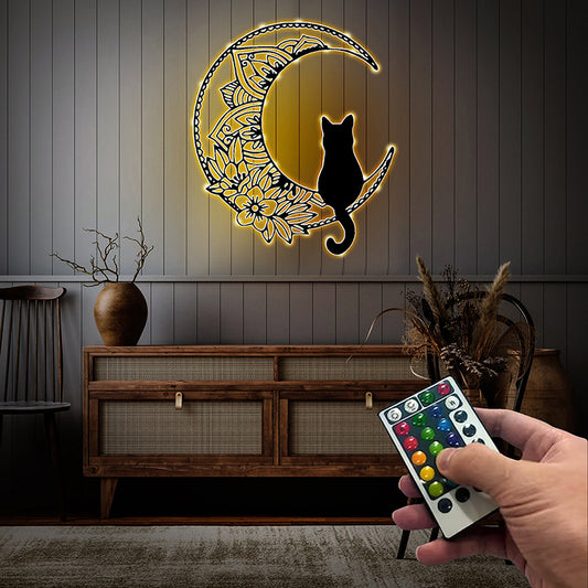 Black Cat On The Moon Metal Wall Art With Led Lights