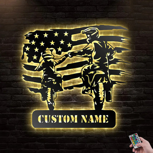 Custom American Motocross Dad and Son Metal Wall Art With Led Lights
