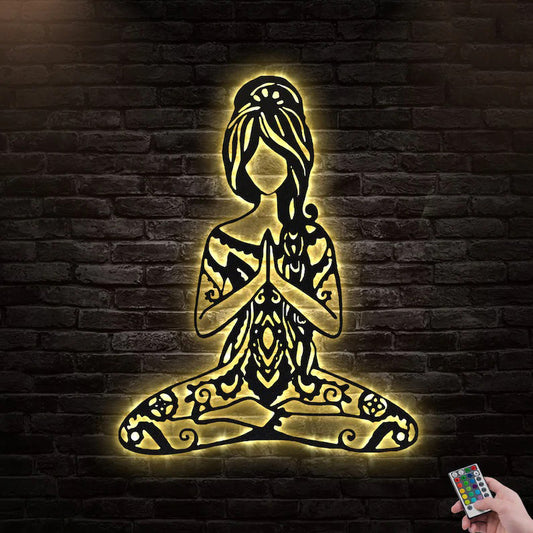 Yoga Girl In Hippie Style Metal Wall Art With LED Lights