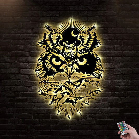 Sun and Moon Owl Metal Wall Art With LED Lights