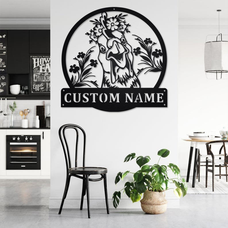 Floral Chicken Metal Wall Art