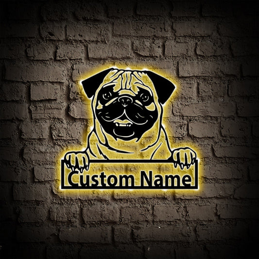 Personalized Pug Dog Metal Wall Art With LED Lights