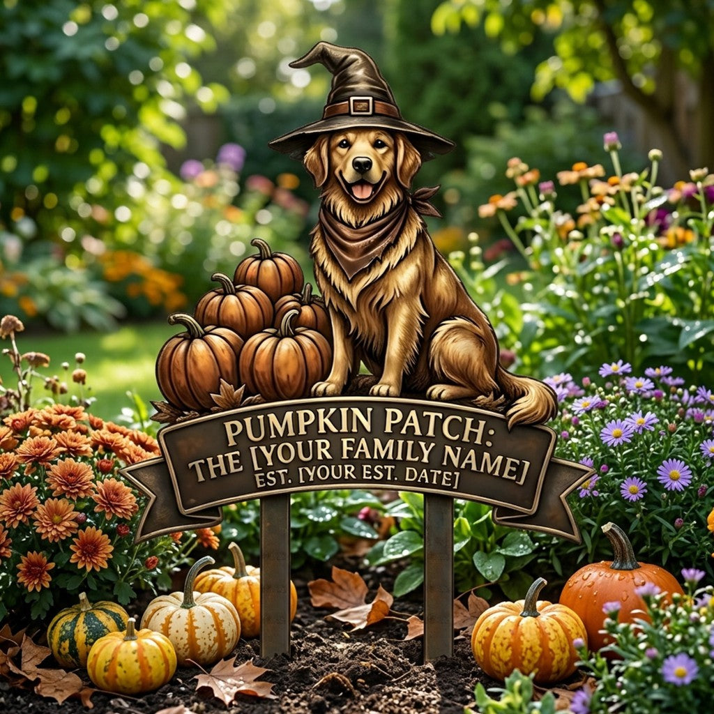Golden Retriever pumpkin patch garden stake in a flower bed