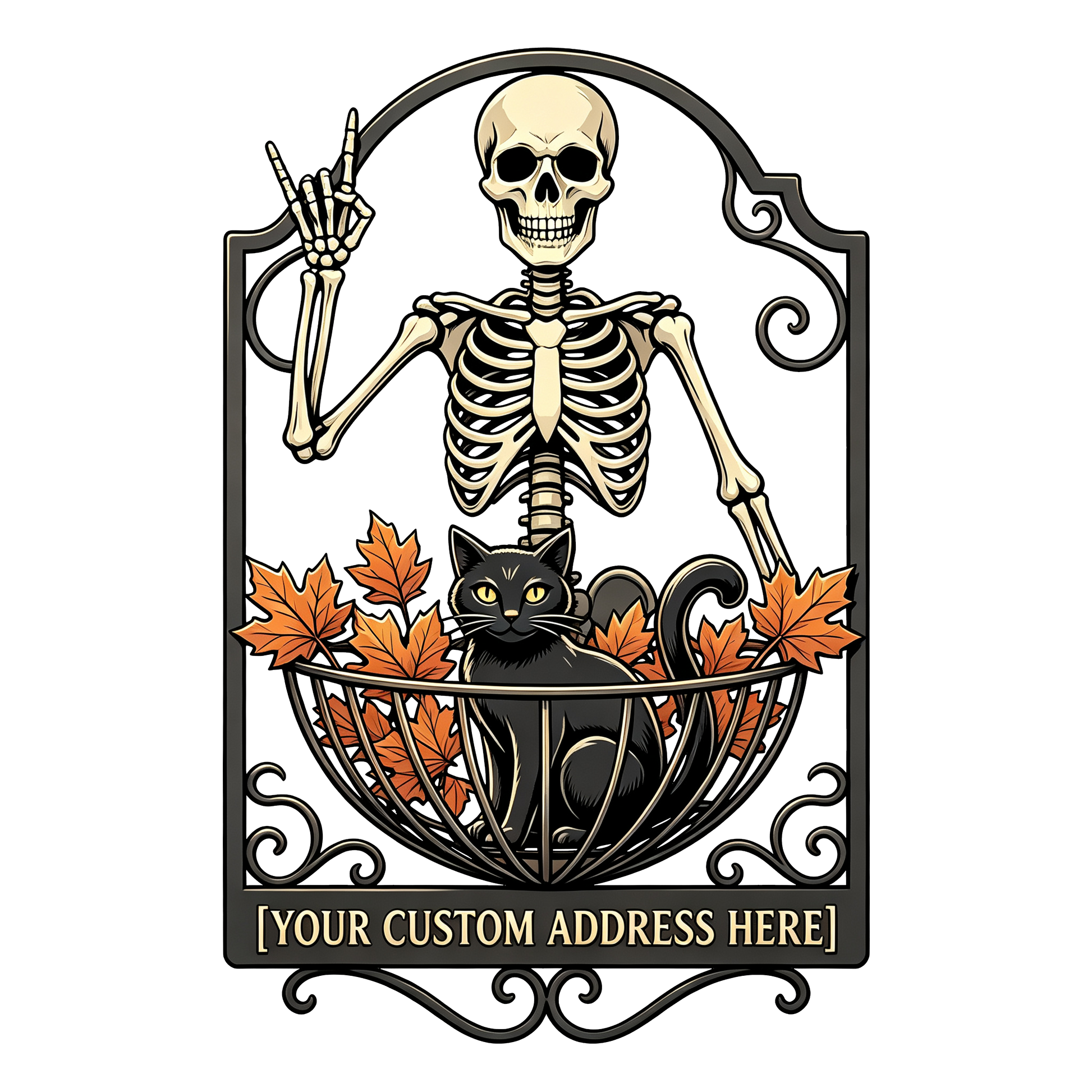 Personalized skeleton and black cat Halloween address design