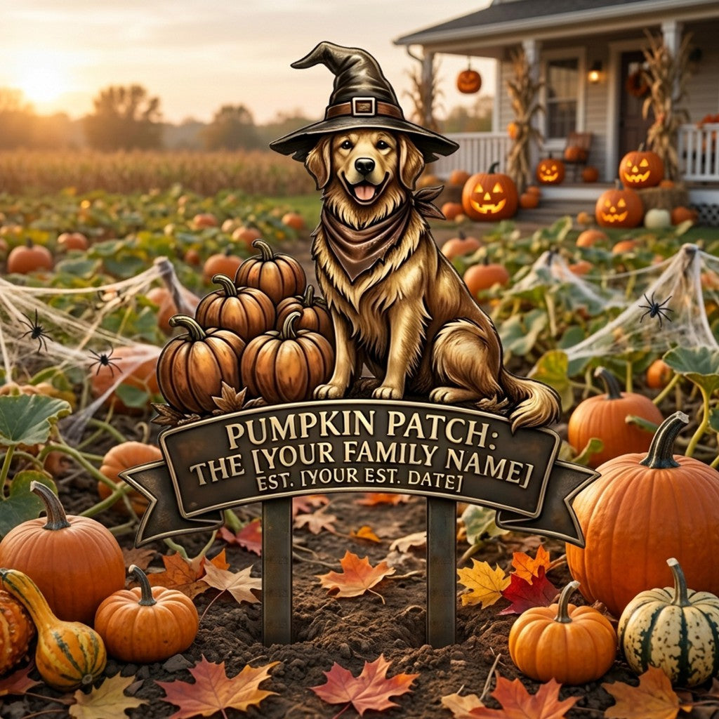 Personalized pumpkin patch garden stake in a Halloween yard