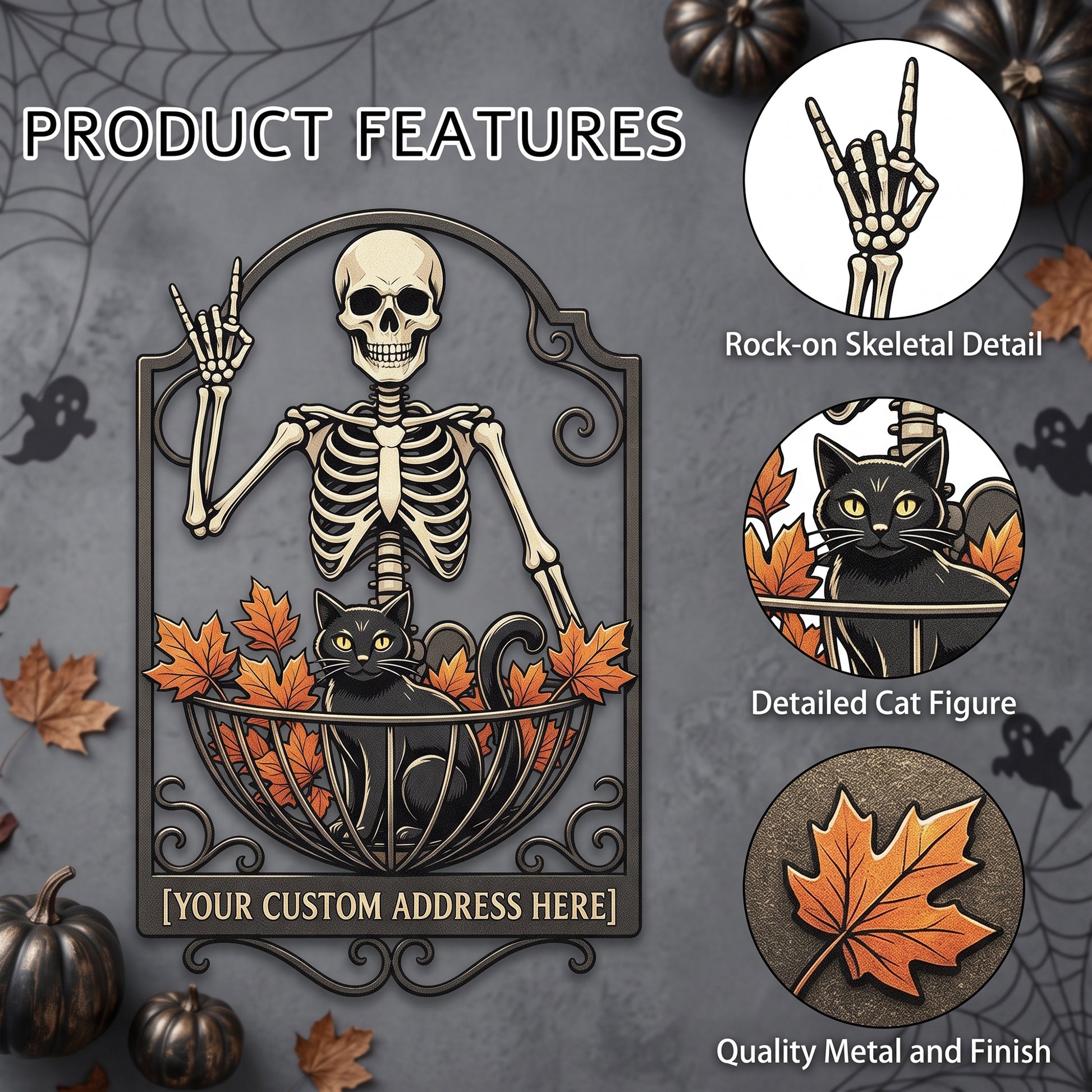 Close-up of skeleton and black cat Halloween metal sign