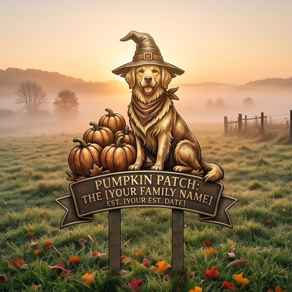 Golden Retriever garden stake in a misty autumn field