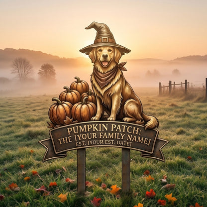 Golden Retriever garden stake in a misty autumn field