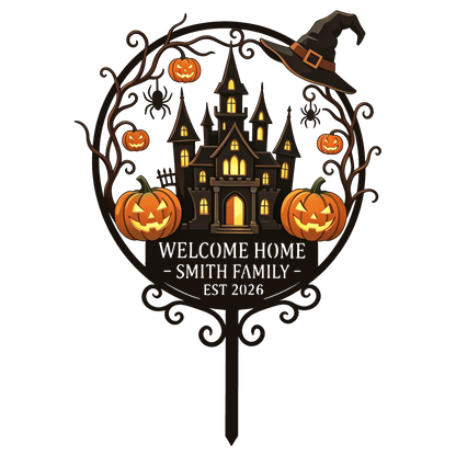 Personalized haunted castle Halloween garden stake design