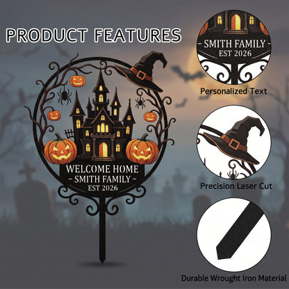 Close-up of haunted castle Halloween metal sign