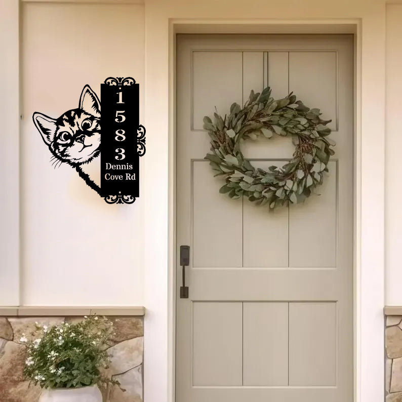 Custom Peeping Cat Door Address Metal Sign