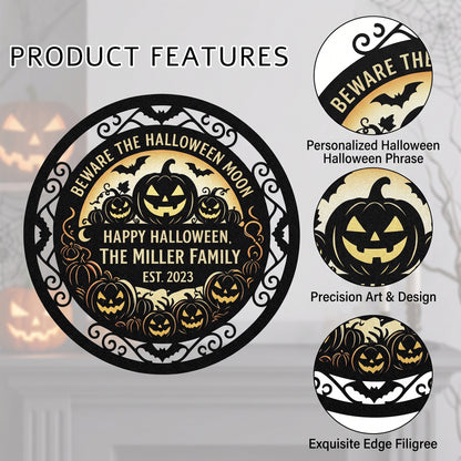 Close-up of Halloween moon jack-o-lantern metal sign