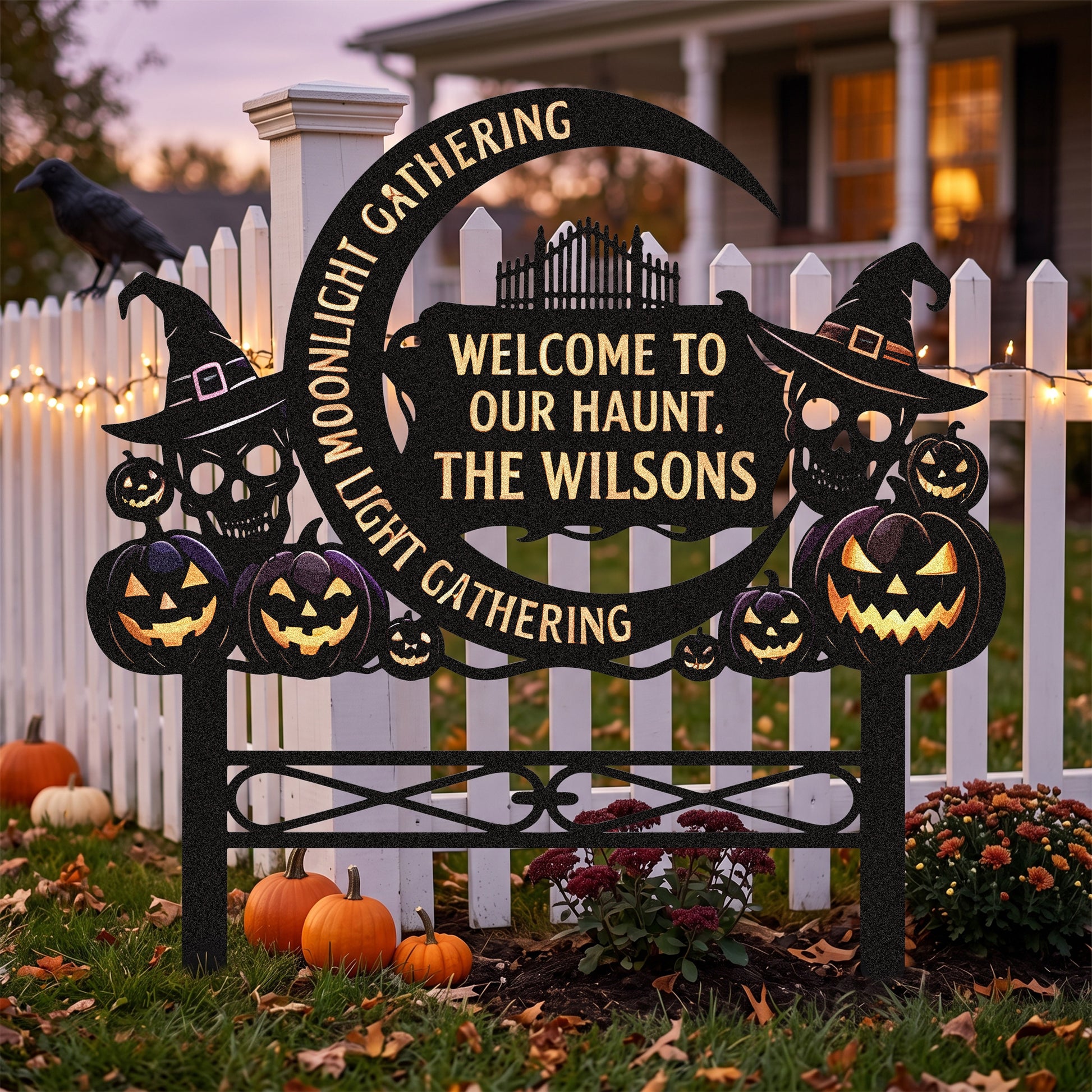 Personalized Moonlight Gathering Halloween Garden Stake in a garden