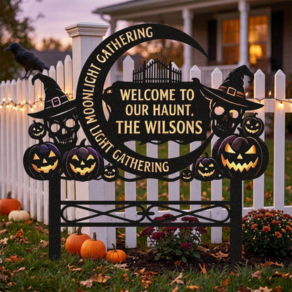 Personalized Moonlight Gathering Halloween Garden Stake in a garden