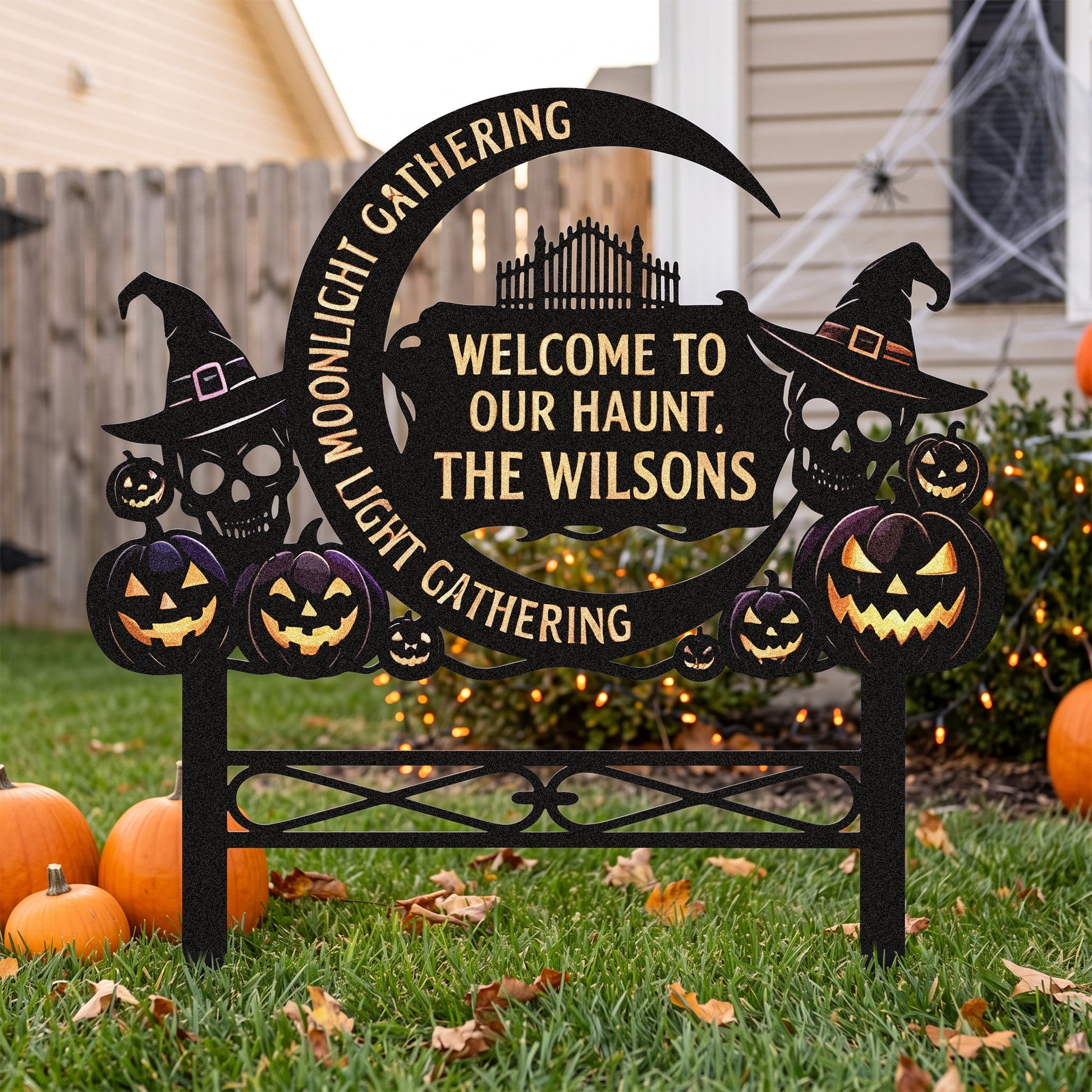 Personalized Moonlight Gathering Halloween Garden Stake outdoor scene