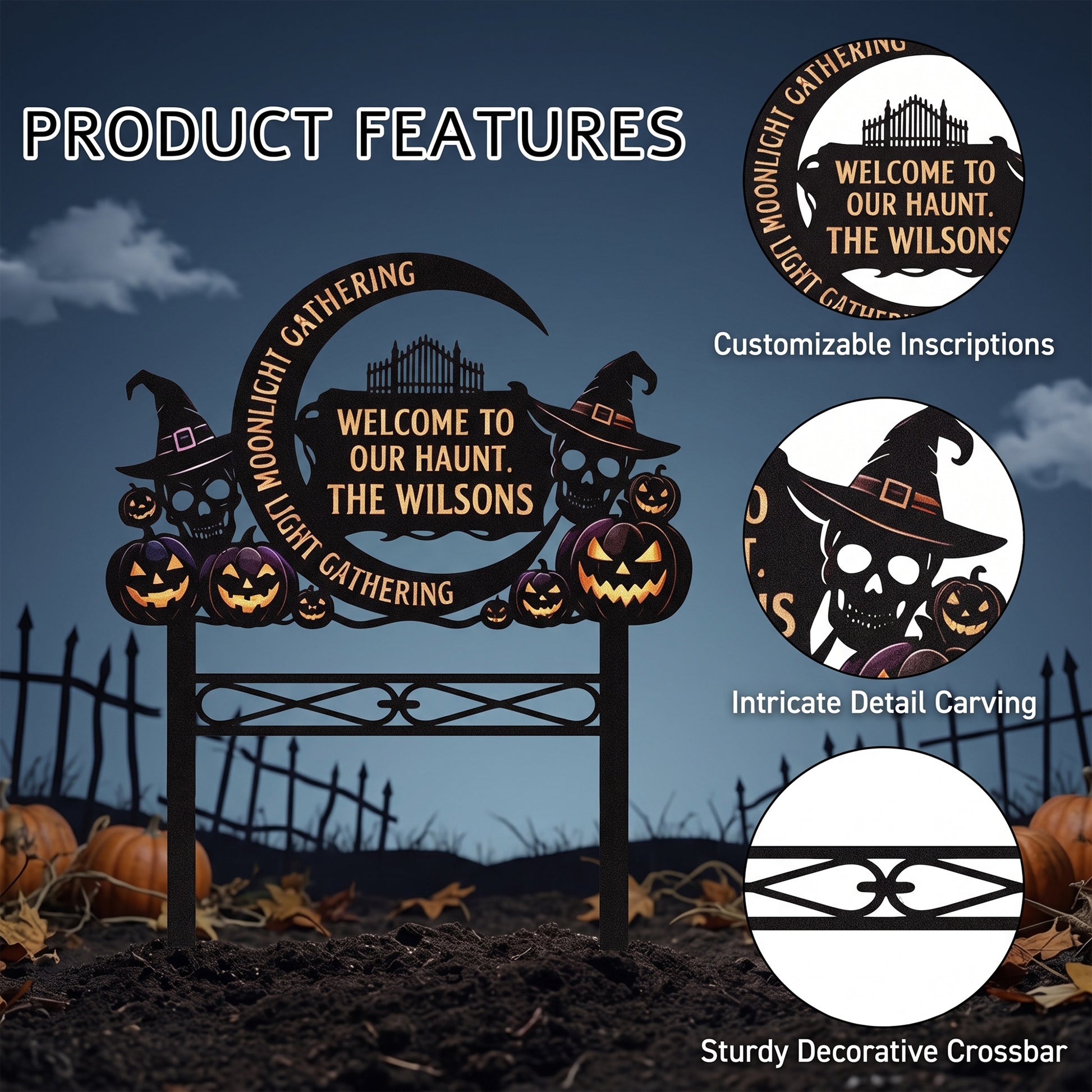 Close-up of Personalized Moonlight Gathering Halloween Garden Stake