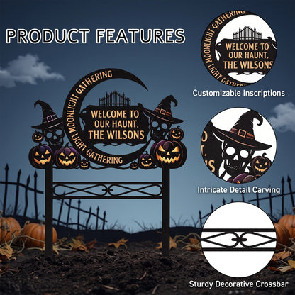 Close-up of Personalized Moonlight Gathering Halloween Garden Stake