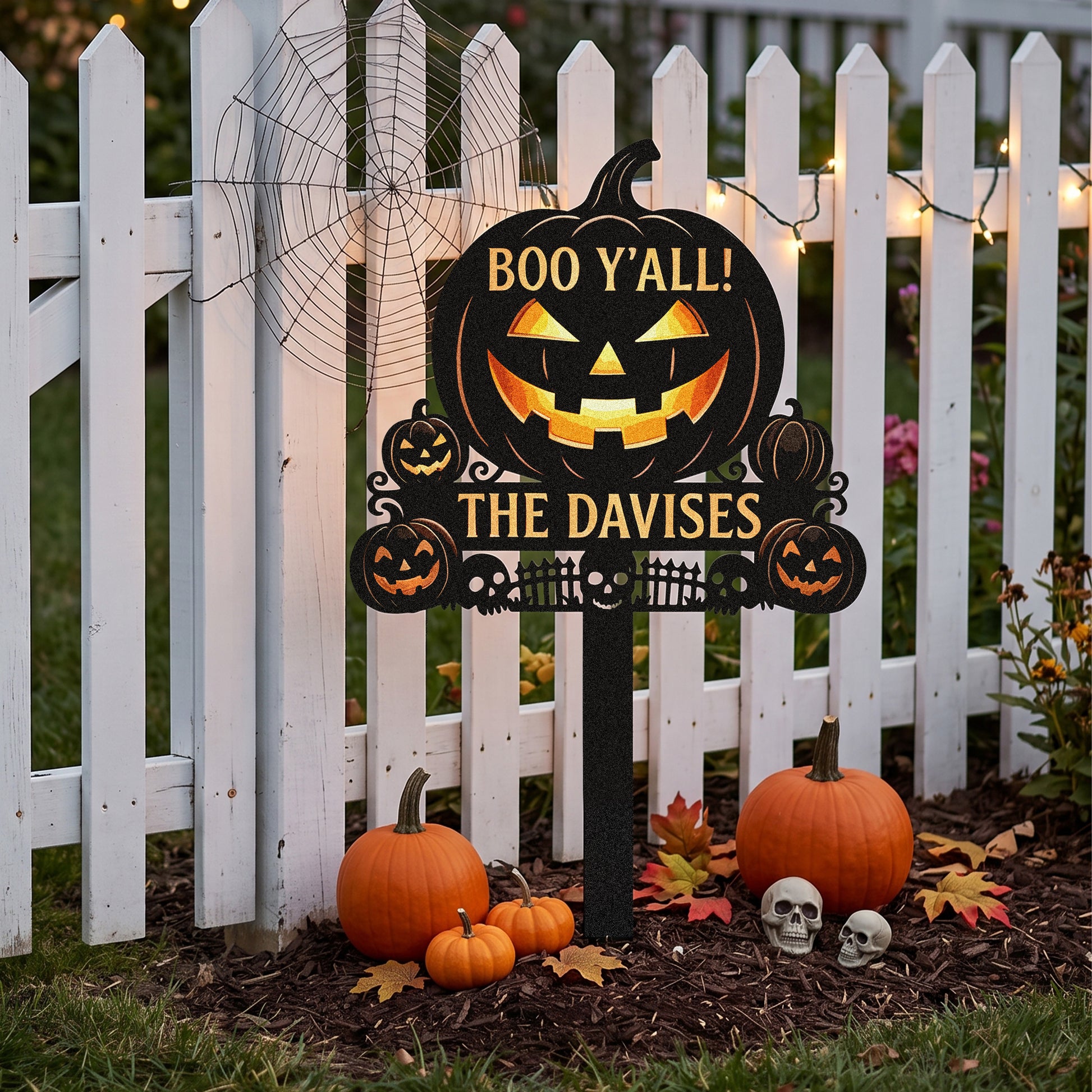 Personalized Boo Y'all Pumpkin Garden Stake in a garden