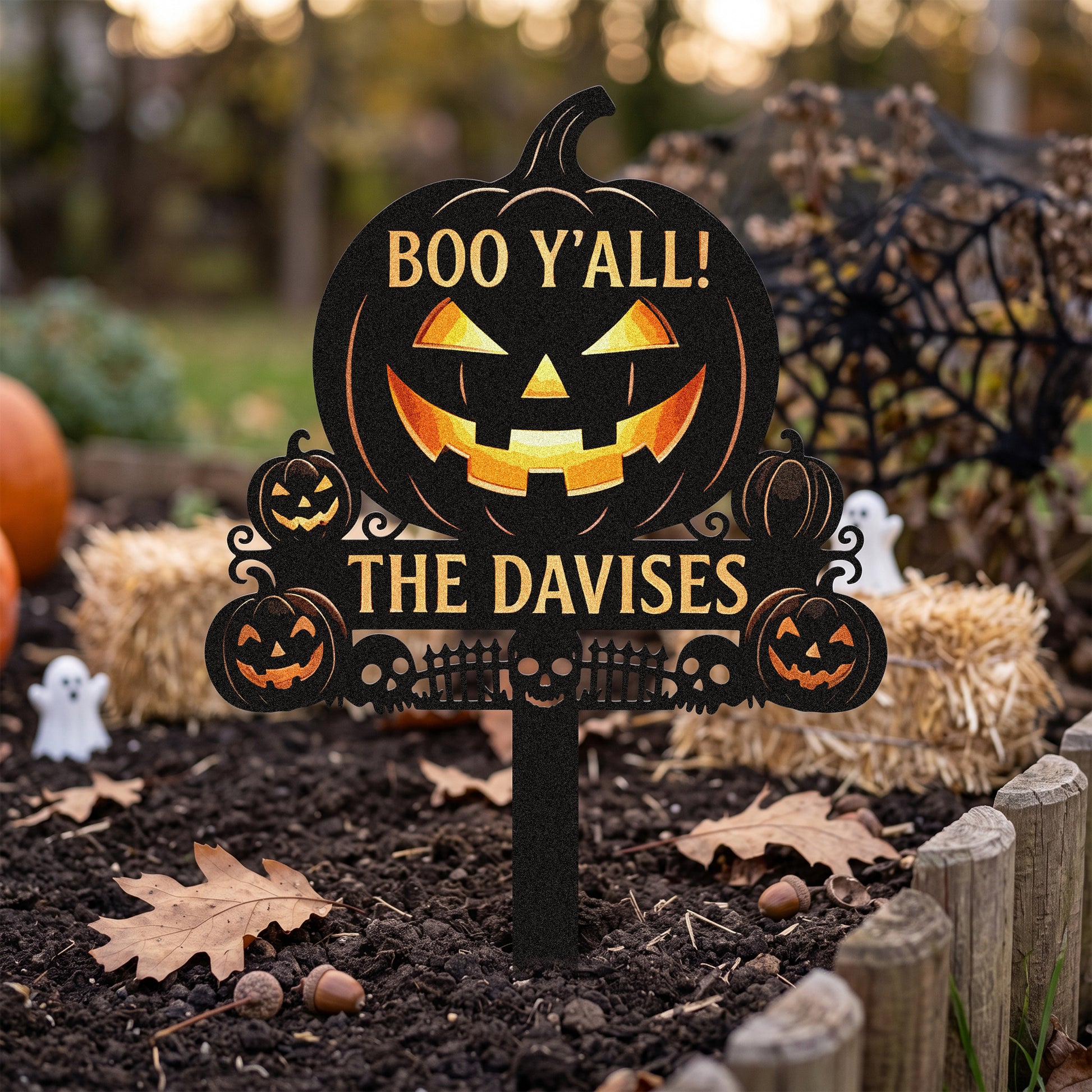 Personalized Boo Y'all Pumpkin Garden Stake outdoor scene